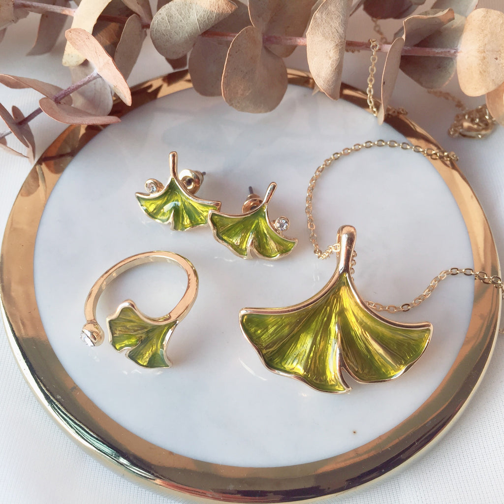 Ginkgo necklace, ring and earrings set