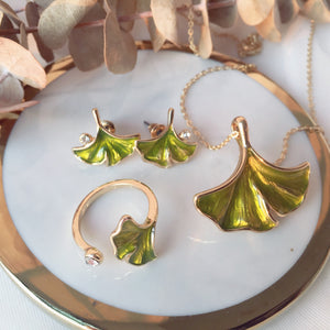 Ginkgo necklace, ring and earrings set